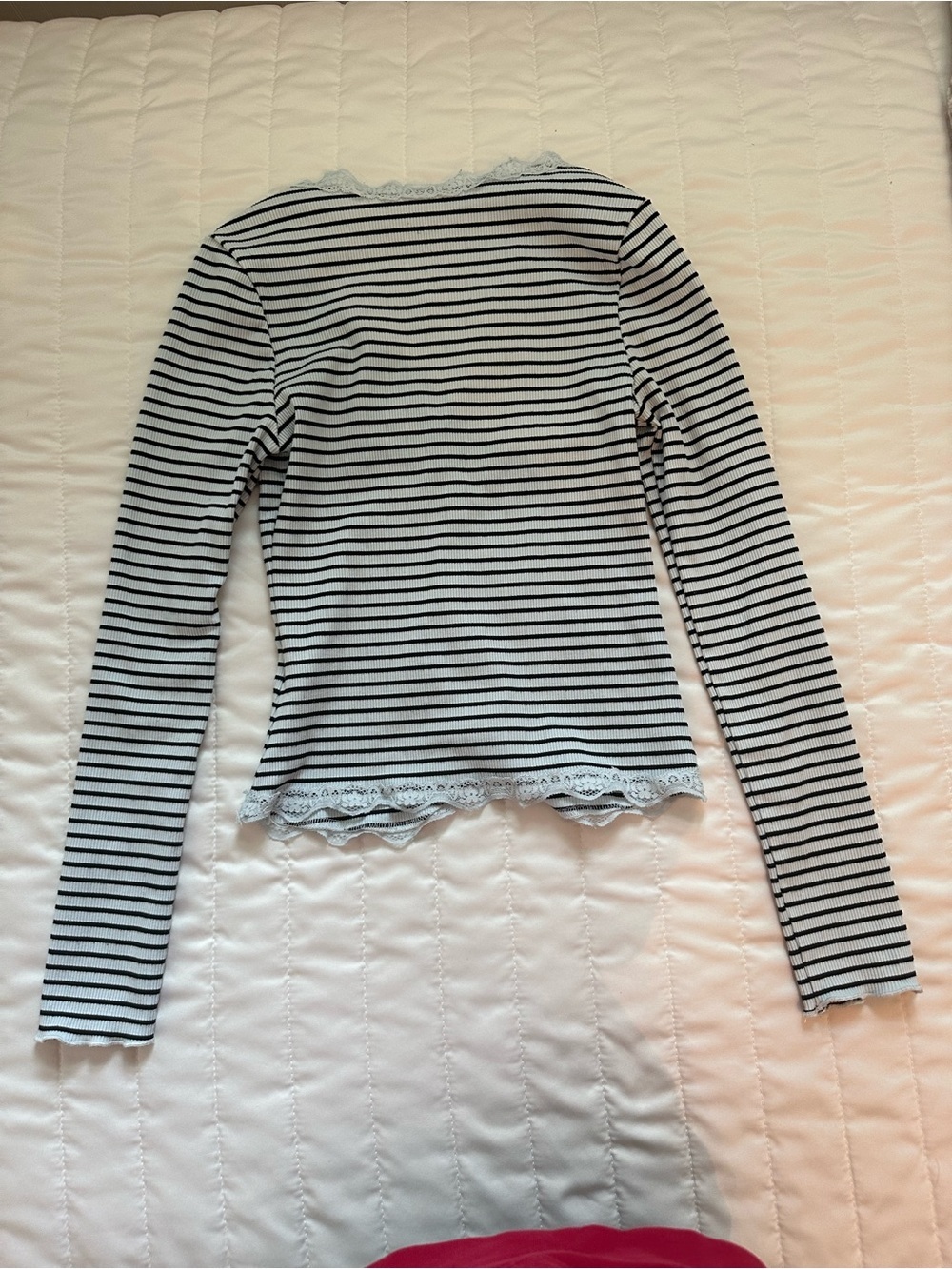 Striped Lace-Trim Long Sleeve Top - Black & Light Gray - Picture 3 of 4